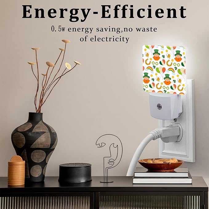St. Patrick's Day Cute Pattern Night Light for Kids,Green Shamrock Leprechaun and Rainbow Night Light Plug in with Dusk to Dawn Sensor, 0.5w Energy Saving Sleep Friendly Nightlight for Kitchen Bedroom