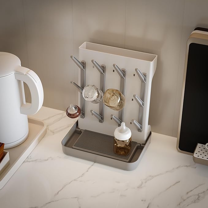 IEEK Baby Bottle Drying Rack,Large Vertical Drying Tower Bottle Rack Holder Space Saving Standing Drying Rack for Countertop-Holds 12 Baby Bottles and Cup,Etachable Travel Bottle Rack,Grey and White