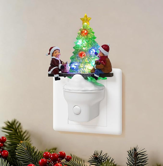 Christmas Night Light Plug into Wall Nightlight with USB/Outlet Options, Christmas Tree Decorative Night Light for Bedroom Kitchen Nursery Holiday Decorations Gifts (Seesaw)