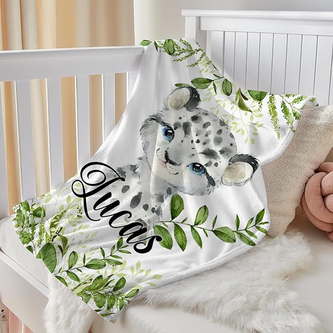J&SBGFT Personalized Baby Blanket,Custom Naming Baby Receiving Blanket for Toddlers Kids Nursery Stroller Crib Decor Throw,Green Leopard