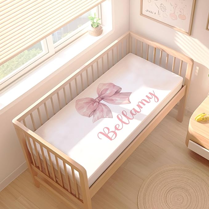Personalized Baby Girl Crib Bedding Set – Custom Name Bow Pink 3-Piece Nursery Set with Soft Flannel Blanket, Fitted Sheet & Pillowcase – Infant & Toddler Bedding Gift