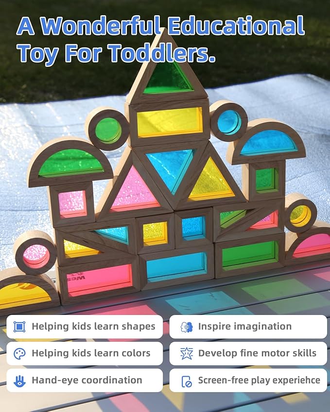 Wooden Building Blocks with Rainbow Acrylic Windows - 24pc Classic Montessori Stacking Set - Screen-Free Educational STEM Construction Toys for Toddlers Ages 18M+