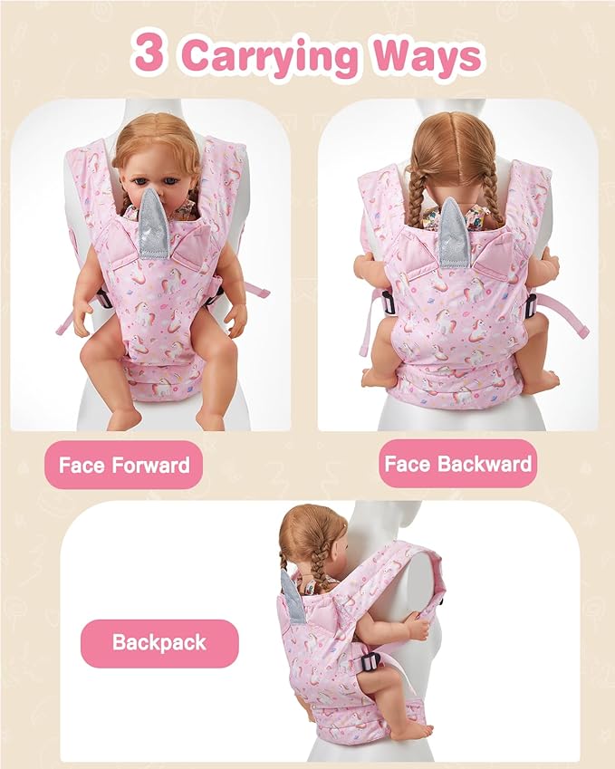 Lictin Baby Doll Carrier, Front and Back Doll Accessories Carrier for Little Girls, with Adjustable Straps for Stuffed Animal Reborn Baby Doll, Pink Unicorn