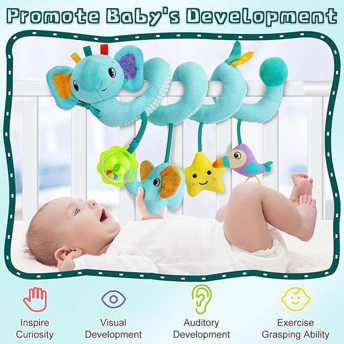 FPVERA Spiral Car Seat Activity Toy, Stroller Arch Baby Crib Hanging Toy with Rattle, Squeaky, Ringing Bell for Bassinet, Stroller, Crib for Infant Newborn Boy Girl Ages 0-12 Months