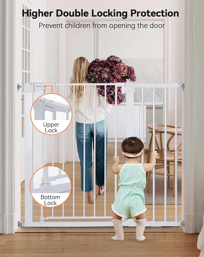 COMOMY 36" Extra Tall Baby Gate for Stairs Doorways, Fits Openings 29.5" to 43.3" Wide, Auto Close Sturdy Safety Dog Gate for House, Pressure Mounted Easy Walk Through Pet Gate with Door, White