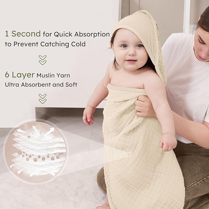 Looxii Baby Bath Towels 2 Pack Muslin Hooded Baby Towels for Newborn and Infants, 100% Cotton, Large 32x32Inch, Soft and Absorbent Beige+Green