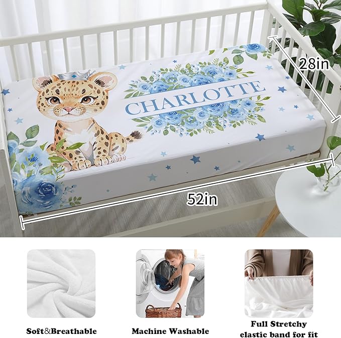 Custom Nursery Crib Bedding Set: Personalized Name 4 Piece Blue Floral Leopard Design Baby Crib Sets for Baby Girls - Toddler Double Layer Blanket Set, Comfortable Crib Bed Sheets for Baby Toddlers