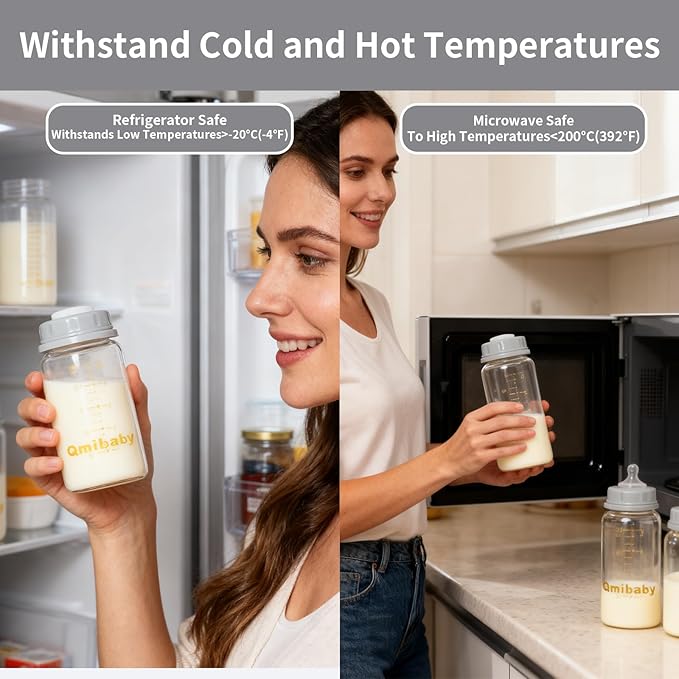 Natural Glass Baby Bottle 150ml 5oz Standard Neck Breast Milk Storage Bottles Compatible with Medela Breast Pumps for Breastmilk Storage Bottle Breastfeeding BPA-Free 4 Pack (Grey+Pink Lids)