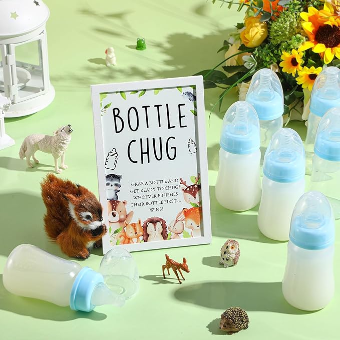 Roowest Bottle Chug Baby Shower Game Favors Including Woodland Animal Theme Wooden Sign and 18 Pcs Baby Bottles for Gender Reveal Party Supplies