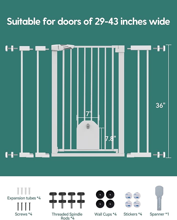 Babelio 36" Tall Auto Close Baby Gate with Small Cat Door, 29-43" Metal Cat Gate for Doorway, Stairs, House. Easy Walk Thru Dog Gate with pet Door, Includes 4 Wall Cups and 3 Extension Pieces, White