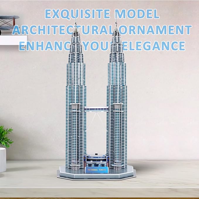 3D Puzzles for Adults & Kids, Petronas Twin Towers City Architecture Building Model Kit, 3-D Jigsaw Puzzles DIY STEM Desk Toys Christmas Birthday Gift for Hobbyist Teens Boys Girls 10-12-14, 130 PCS