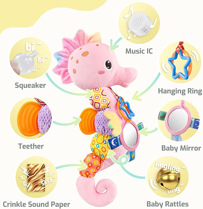 LIGHTDESIRE Baby Toys Musical Seahorse Stuffed Animals Infant Toys 0-6-12 Months with Mirror|Rattles|Crinkle|Baby Teething Toys,Sensory Toys for Tummy Time Newborn Boys Girls Birthday Gifts(Rose Pink)