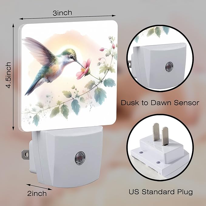 Groovy Hummingbird Flower Night Light for Kids, Watercolor Floral Bird Night Light Plug in with Dusk to Dawn Sensor, 0.5w Energy Saving Sleep Friendly Nightlight for Hallway Stairway Kitchen Bedroom