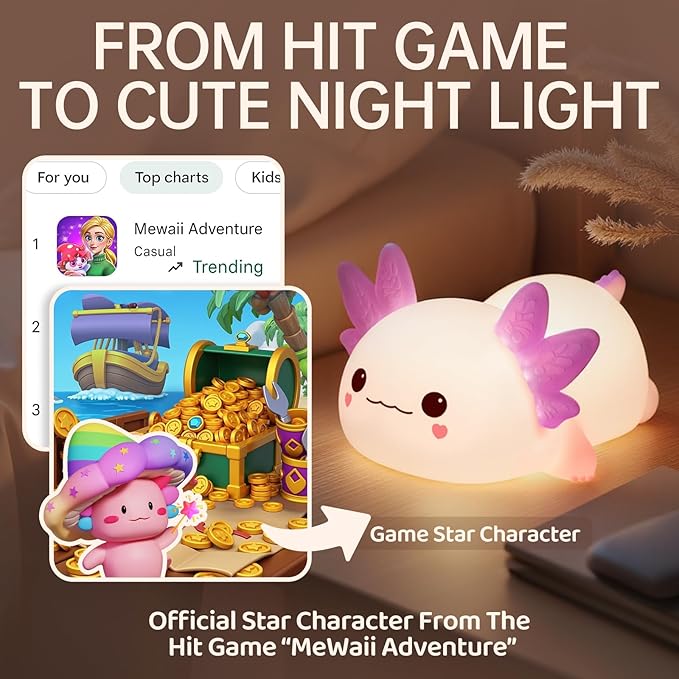 Huggwaii Squishy Axolotl Night Light for Kids, 4 Soothing White Noise Sounds, Dimmable Silicone Axolotl Lamp Toddler Light, Upgraded Rechargeable Animal Nightlight ,Baby Gifts & Girls Room Decor