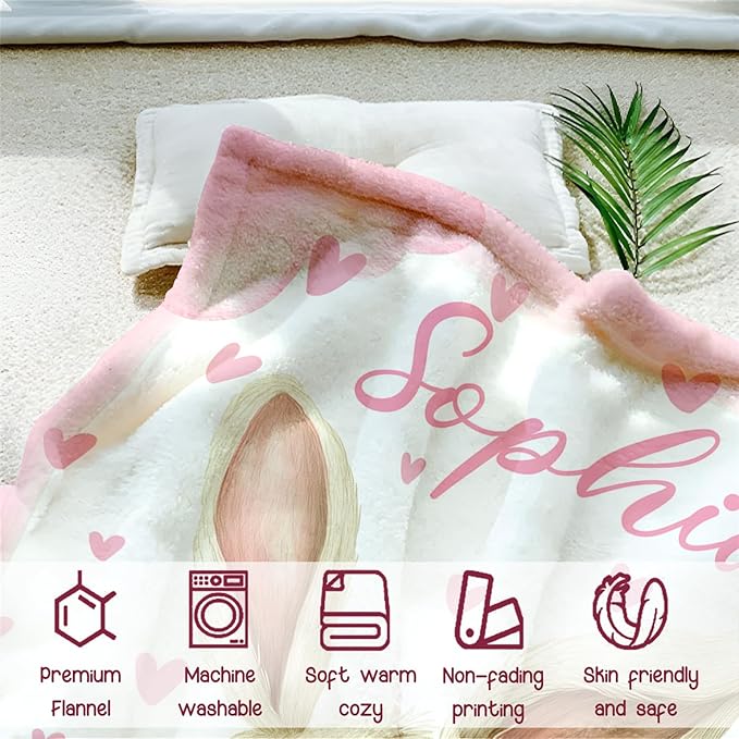 Personalized Baby Blanket for Girls, Custom Baby Blanket with Name, Soft Cozy Personalized Name Blankets for Kids, Customized Rabbit Blanket for Infant Toddler Birthday Christmas