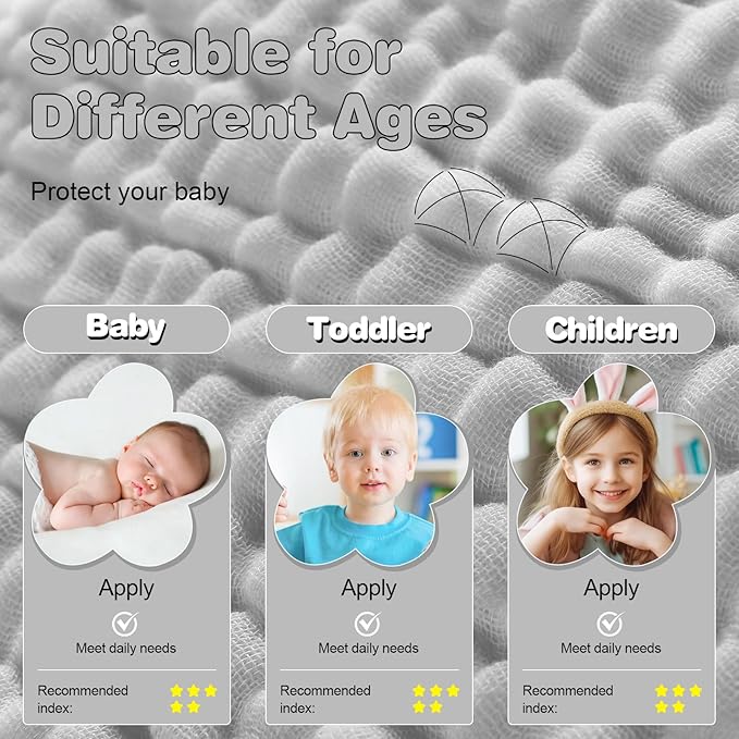 MUKIN Baby Hooded Towels, Muslin Cotton, 2-Pack, for Newborn, Infant, Toddler and Kids (White,Grey)