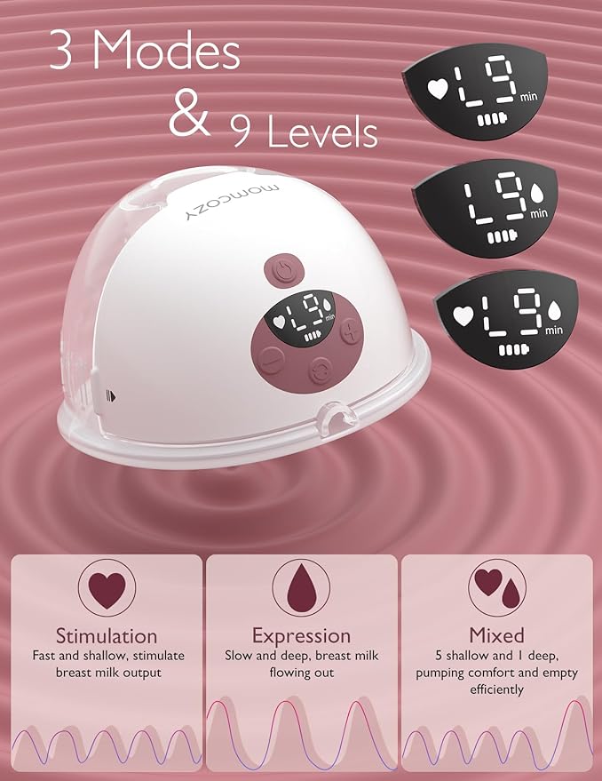 Momcozy M5 Hands-Free Wearable Breast Pump, Double-Sealed Flange for Baby-Like Comfort, 3 Modes & 9 Suction Levels, Portable Electric Pump – 24mm, 2-Pack Cozy Red
