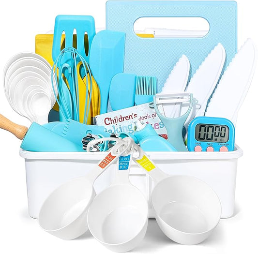 37PCS Kids Cooking Sets Real, Kids Cooking and Baking Gift Set with Storage Case Timer Kid Safe Knives Cutting Board, Toddler Real Kitchen Accessories, Birthday Gifts for Girls Boys Age 4 - 8