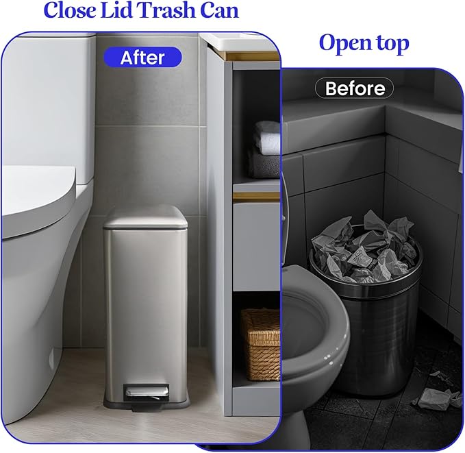 Bathroom Trash Can with Lid，5 Liter / 1.3 Gallon Small Trash Can with Removable Liner, Soft Close lid & Step Pedal, Stainless Steel Trash Bin for Bathroom,Bedroom,Home Office, Kohler Grey