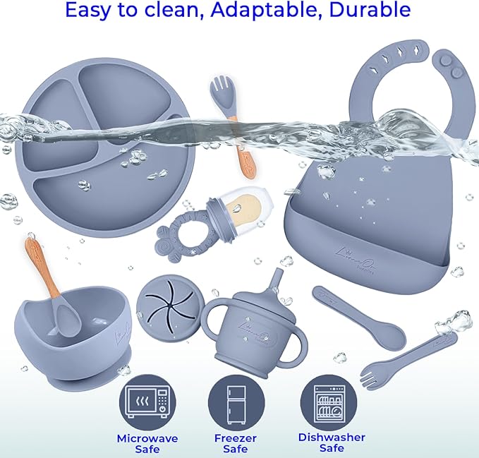 Silicone Baby Feeding Set – 10 Pcs Baby Led Weaning Supplies & Self Feeding Kit | BPA-Free Toddler Plates and Bowls Set, Bib, Fruit Feeder, Cup, Spoons & Forks – Empower Independence with LimeOr -Gray