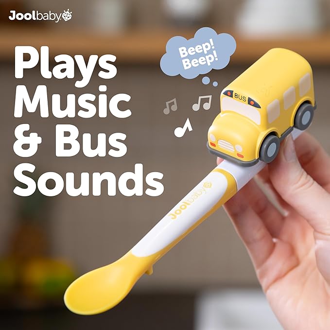 Jool Baby Musical Baby Spoons, 3 Spoons + School Bus with Fun Sounds - Multi-Stage Spoon for Infant Feeding & Training Babies 6+ Months to Self-Feed