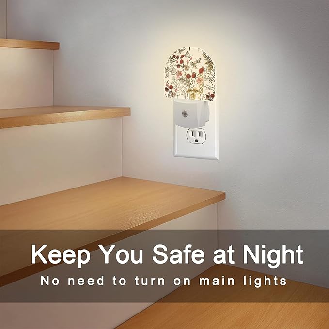 Vintage Flowers Butterfly Night Light, Watercolor Floral Dusk to Dawn Night Light Plug in,0.5w Energy Saving Sleep Friendly NightLight for Kids Boys Girls Home Decor