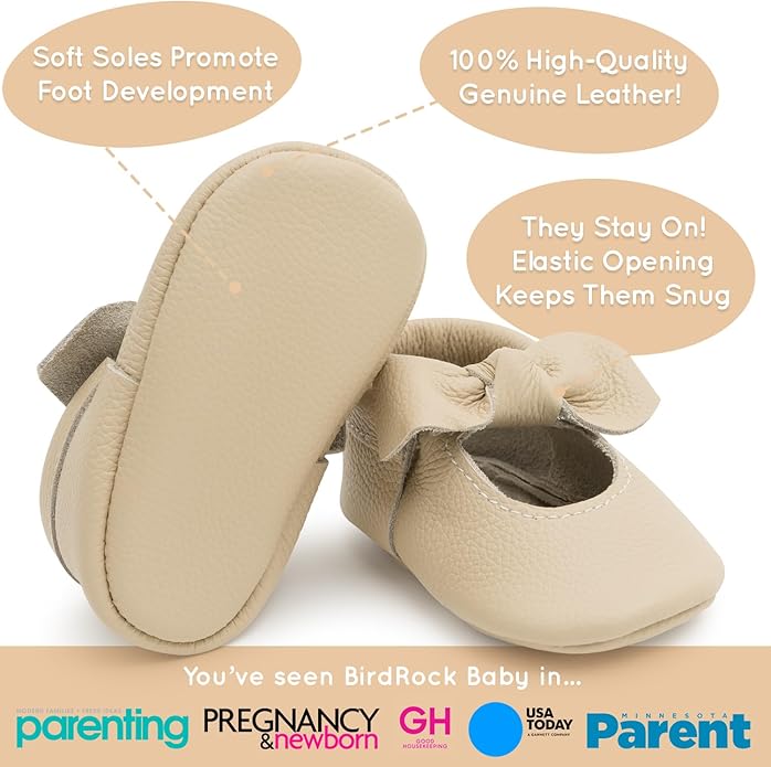 BirdRock Baby Bow and Knot Moccasins - Genuine Leather Baby Girl Shoes