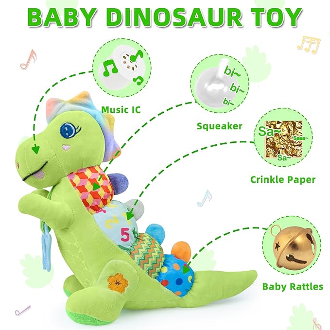 Baby Dino Musical Stuffed Animal Toys for 0-3-6-9-12 Months，Infant Dinosaur Tummy Time Toys with Crinkle Sound Paper,Teether，Textures & Rattles for Newborn Boys Girls Birthday Gifts，Green