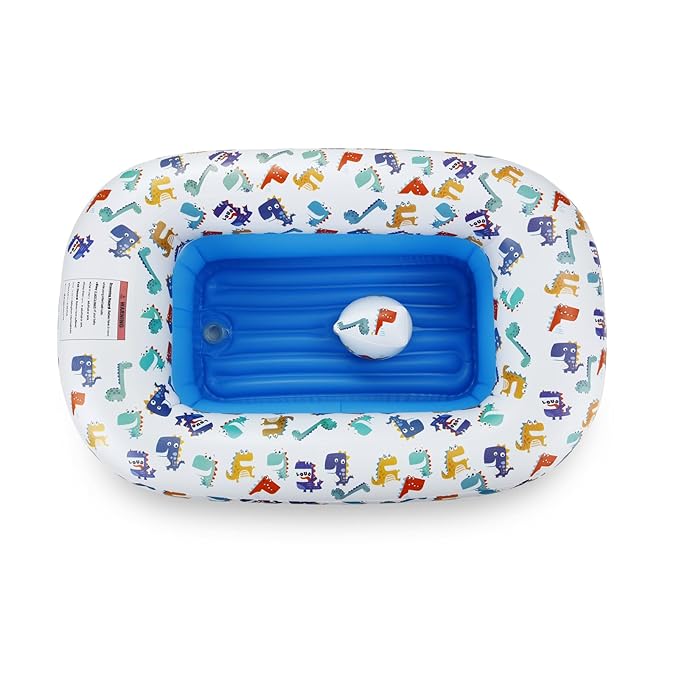 PandaEar Inflatable Dinosaur Baby Bathtub, Foldable Baby Infant Bath Tub Toddler Bathtub with Air Pump, Portable Travel Non-Slip Shower Basin Mini Air Swimming Pool for Newborn (Blue)