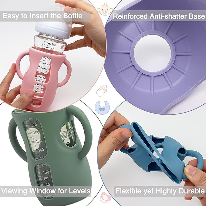 4 Pack Silicone Sleeves for Avent Natural Glass Baby Bottles, Anti Breakage Bottle Holder, Compatible with Philips Avent Glass Natural Baby Bottles (Blue+Gray+Green+White, 8 OZ)