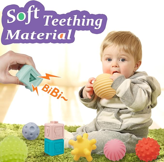 Montessori Toys for Babies,Soft Stacking Building Blocks Rings Balls Sets,3 in 1 Baby Toy Bundle,Sensory Toy for Kids, Soft Teething Toys for Babies,Baby Gifts for Boy Girl