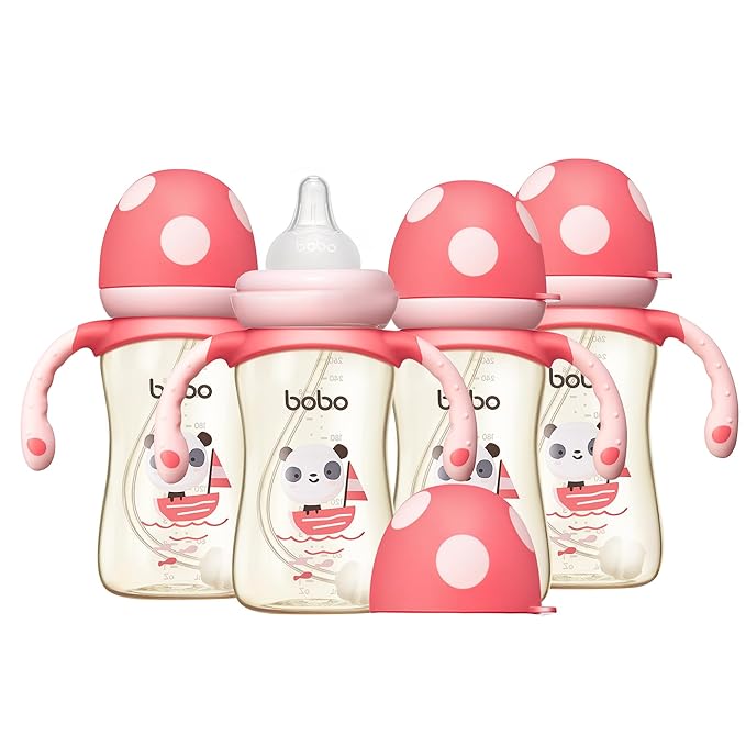 YOHKOH Natural PPSU Baby Bottle with Natural Response Nipple, Newborn Anti-Colic Baby Bottles with Handle, Wide Neck Mushroom Cap Baby Bottle (8.8oz (Pack of 4), Red)