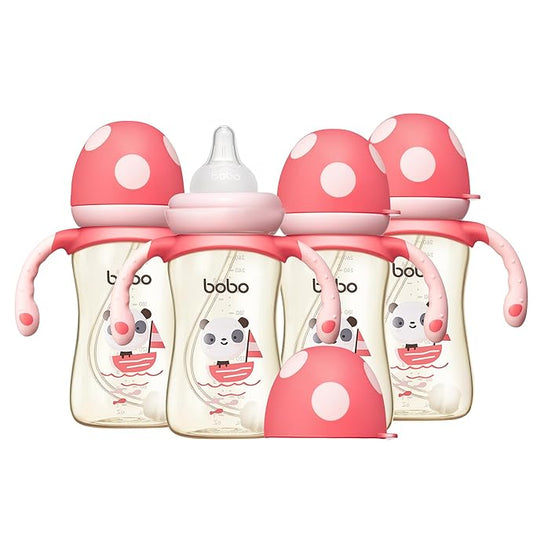 YOHKOH Natural PPSU Baby Bottle with Natural Response Nipple, Newborn Anti-Colic Baby Bottles with Handle, Wide Neck Mushroom Cap Baby Bottle (8.8oz (Pack of 4), Red)