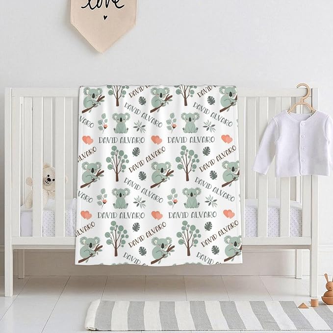 Ship Next Day Personalized Baby Blanket, Printed in USA - Custom Name Toddler Blanket with Koala Pattern, Personalized