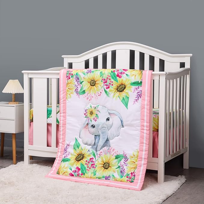 Cloele Crib Bedding Set for Baby Girls - 3 Piece Elephant Baby Bedding Set includes Pink Crib Skirt Crib Quilt Fitted Sheet - Sunflower Soft Nursery Comforter Bedding Set for Girls