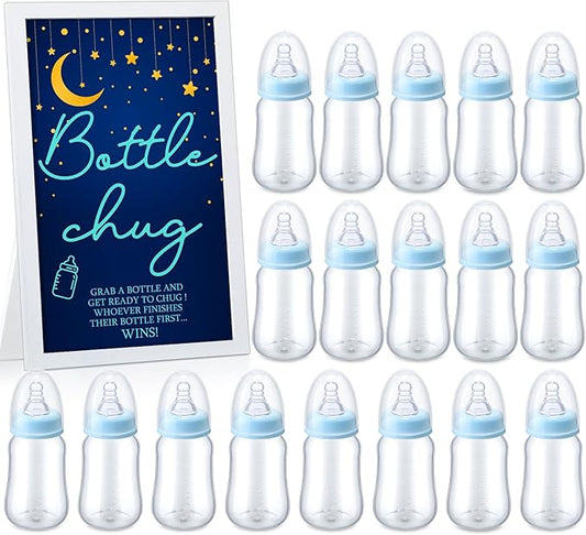 Roowest Bottle Chug Baby Shower Game Favors Including Moon Star Theme Wooden Sign and 18 Pcs Baby Bottles for Gender Reveal Party Supplies