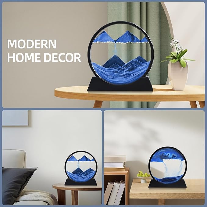 Moving Sand Art Liquid Motion, 3D Deep Sea Sandscape Color Quicksand Decor, Round Glass Moving Sand Art Picture Relaxing Desktop Home Office Work Decor (Blue, 12 inch)