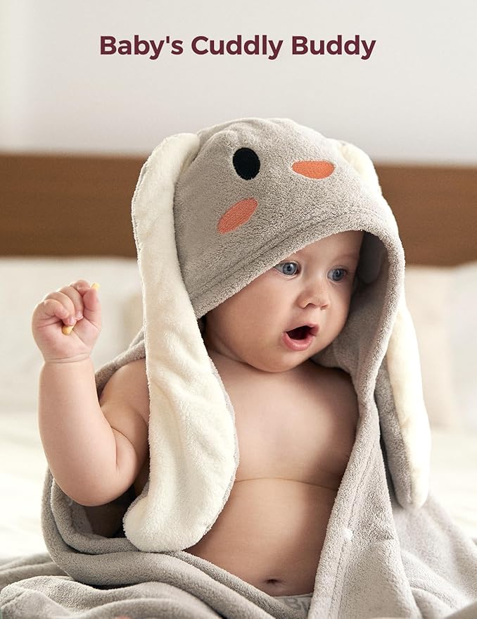 Momcozy Baby Bath Towels with Visualize Health Label - Ultra Soft & Absorbent Coral Fleece Hooded Towels for Newborn, Infant, Toddler (0-36 Months) Bath Essentials (Large Size,2 Pack)