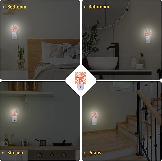 Boho Sun Night Light with Dusk to Dawn Light Sensors, Plug-in Wall Led Night Lights, Energy Efficient Lamp for Bedroom/Bathroom/Kitchen/Hallway/Stairs