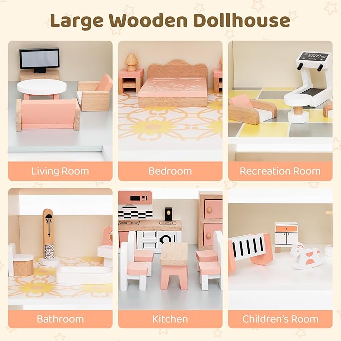 Costzon Wooden Dollhouse for Kids, 3-Story Luxury Doll House with 41 Pieces Furniture Accessories, 8 Rooms, Stairs & Balcony, DIY Pretend Dollhouse Playset, Gift for Girls Toddlers Ages 3+ (Pink)