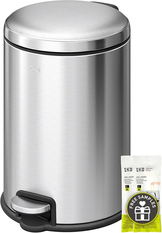 EKO Serene 5L / 1.32 Gallon Step Trash Can with Lid, Small Stainless Steel Round Garbage Can with Removable Inner Bucket, Compact Bin for Powder Rooms, Offices & Tight Bathroom Spaces.
