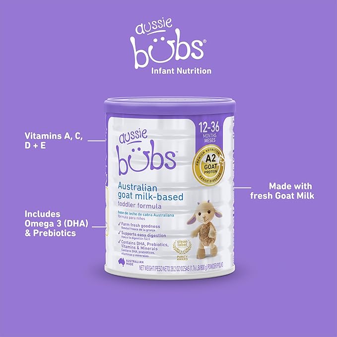 Aussie Bubs Australian Goat Milk-Based Toddler Formula, For Kids 12-36 months, Made with Fresh Goat Milk, 28.2 oz