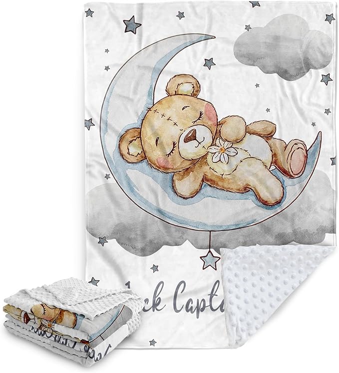 Personalized Baby Blanket, Custom Baby Blankets with Name for Infant Boys Girls, Flannel Double Layer Dotted Backing Receiving Swaddle Blanket, Gray Bear Toddler Customized Gifts(47"x60")
