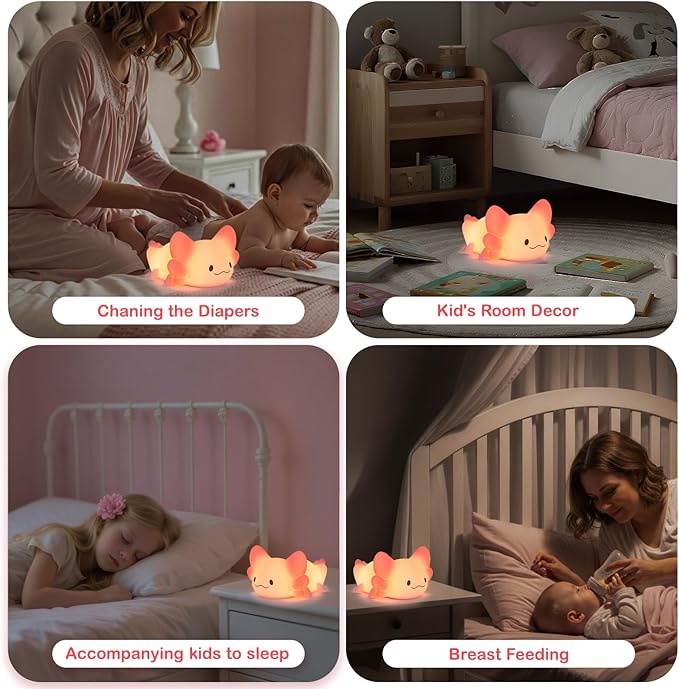 ZKLiLi Axolotl Night Light Kids Nightlight,Squishy Cute Lamp Dimmable Childrens Night Light Baby with Timer & 16 Colors,Rechargeable Bedroom Smart LED Bedside Lamps Toddler Night Light Newborn