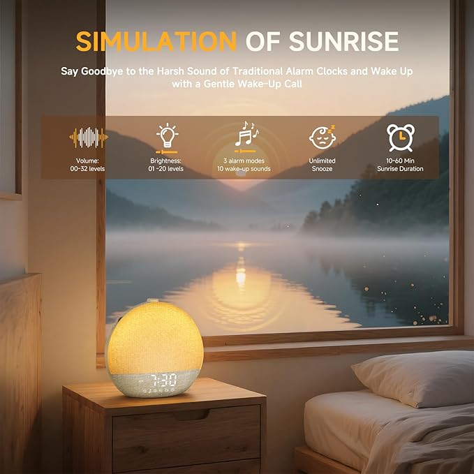 Sunrise Alarm Clock White Noise Sound Machine for Bedroom | Natural Wake-Up Light with 30 Soothing Sleep Aids, Bluetooth Speaker, Dimmable Clock, Screen-Free Design for Baby Adults Kids-Khaki