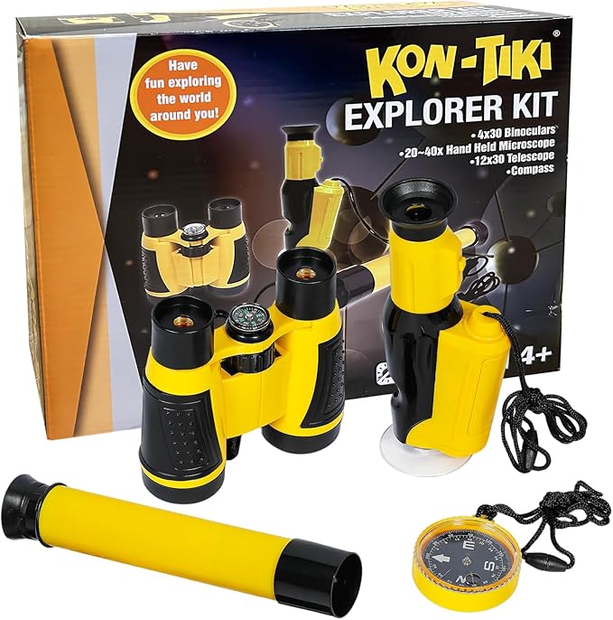 KON-TIKI 4-in-1 Kids Explorer Kit – 4x30 Binoculars with Compass, 20x–40x Handheld Microscope, 12x30 Telescope, Glow-in-The-Dark Compass – Outdoor Adventure & Nature Exploration Toy for Ages 4+