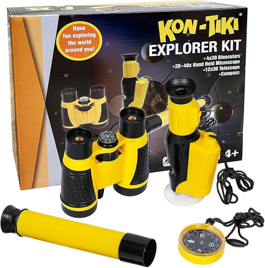 KON-TIKI 4-in-1 Kids Explorer Kit – 4x30 Binoculars with Compass, 20x–40x Handheld Microscope, 12x30 Telescope, Glow-in-The-Dark Compass – Outdoor Adventure & Nature Exploration Toy for Ages 4+