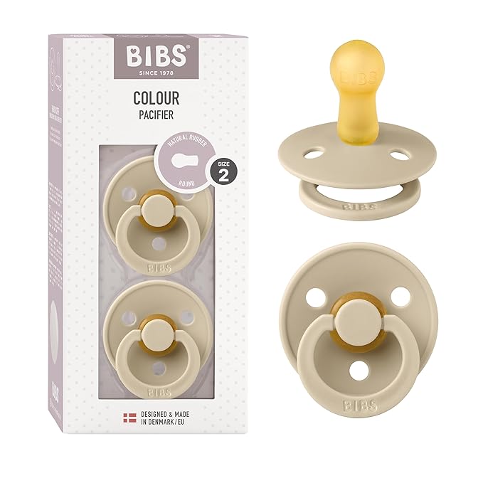 BIBS Pacifiers Colour Collection | Natural Rubber Baby Pacifier | Round Nipple | Set of 2 BPA-Free Soothers | Made in Denmark | 6+ Months (Pack of 2) | Vanilla