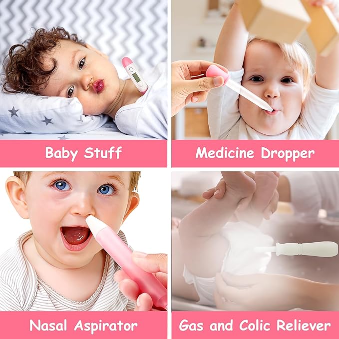28 in 1 Baby Healthcare and Grooming Kit, Infant Baby Nursery Kit Electric Nail Trimmer Set with Gas Colic Passer Nasal Aspirator Nail Clipper Hair Brush Comb for Newborn Girls Boys (Pink)