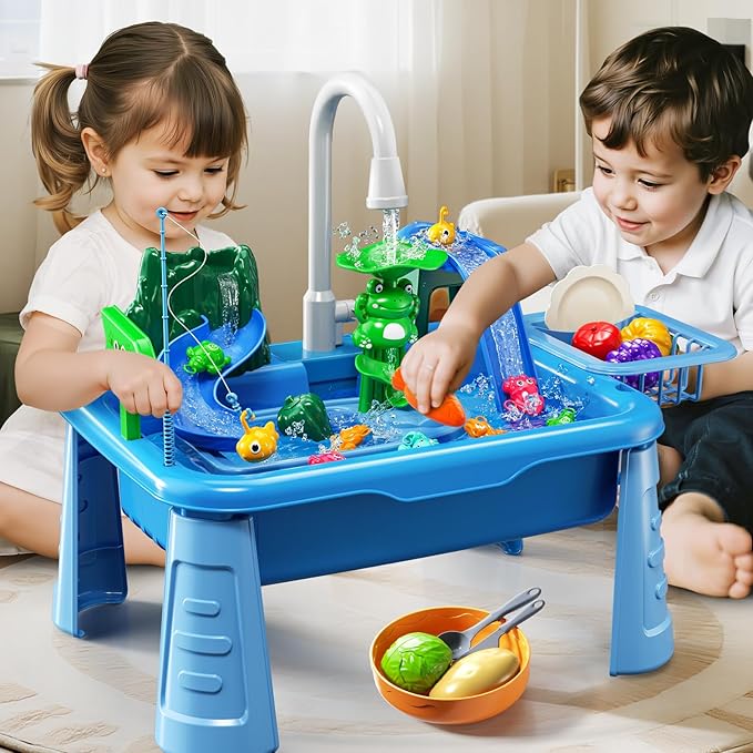 Water Table Play Sink Toy for Kids 2 3 4 5 6 Years Old - Outdoor Kitchen with Running Water, Fishing Games, Toddler Water Play Table for Kids Ages 3-8, Beach Outdoor Toys, Summer Gifts